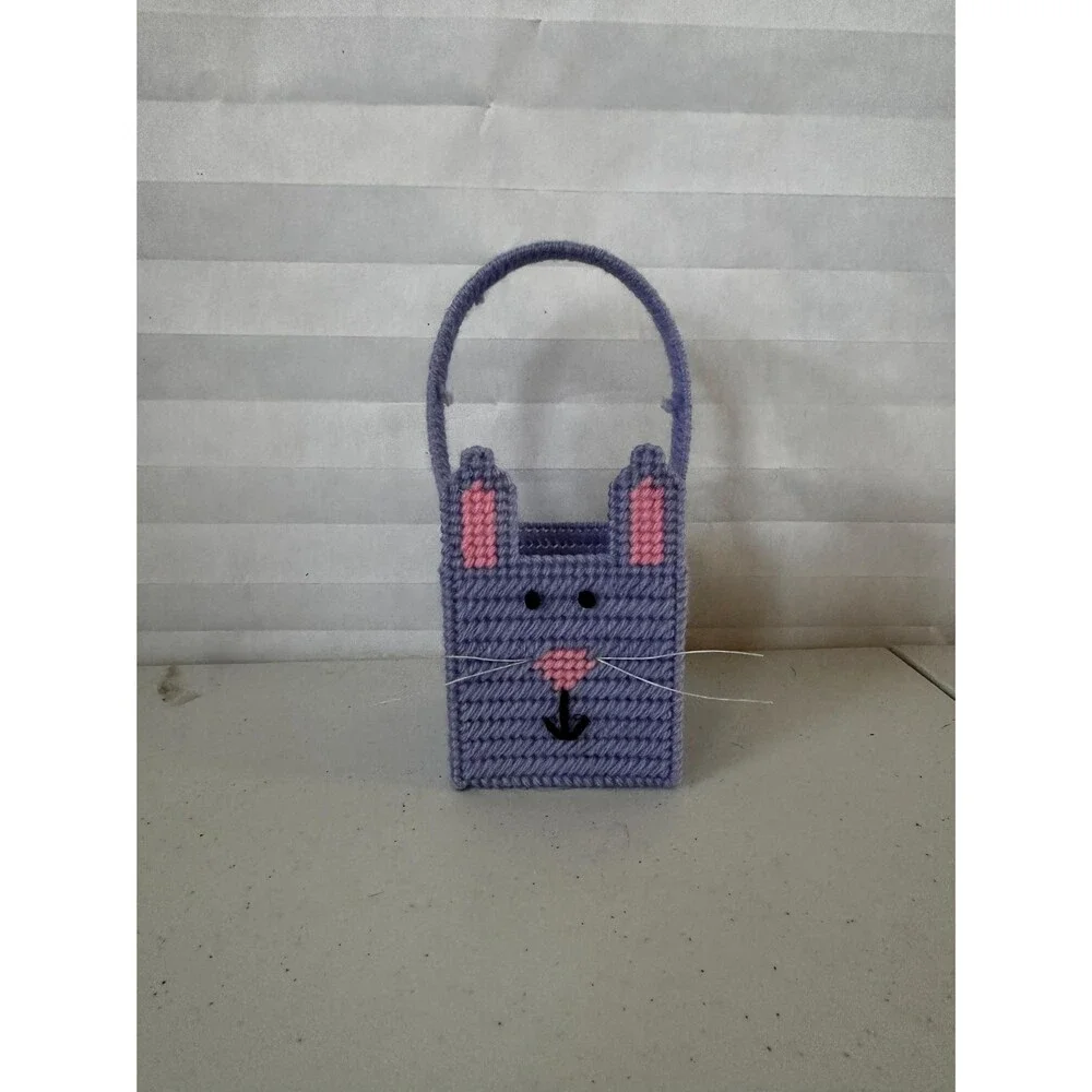Mini Easter Basket Purple with Bunny – Colorful Plastic Canvas Handmade Gift
